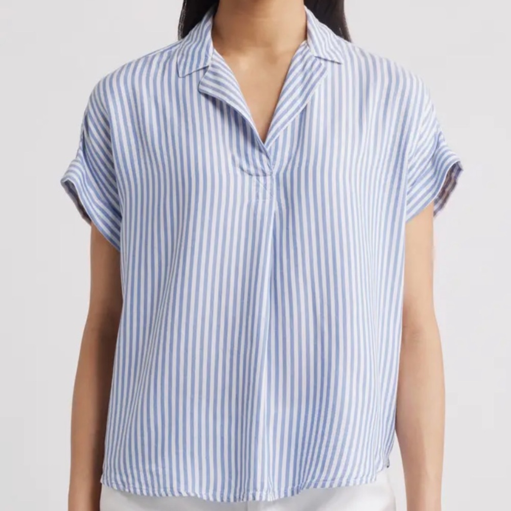 Beachlunchlounge Blue and White Button Down Shirt with Cuffed Sleeves